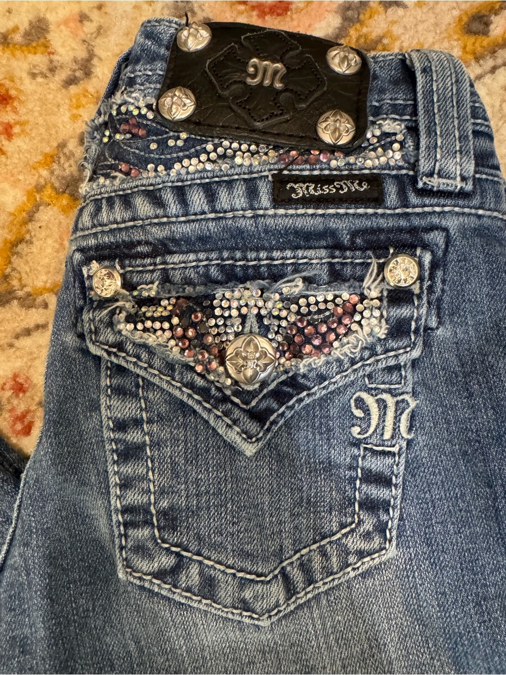 Miss Me Blue Denim Jeans with Pink and Silver Rhinestones